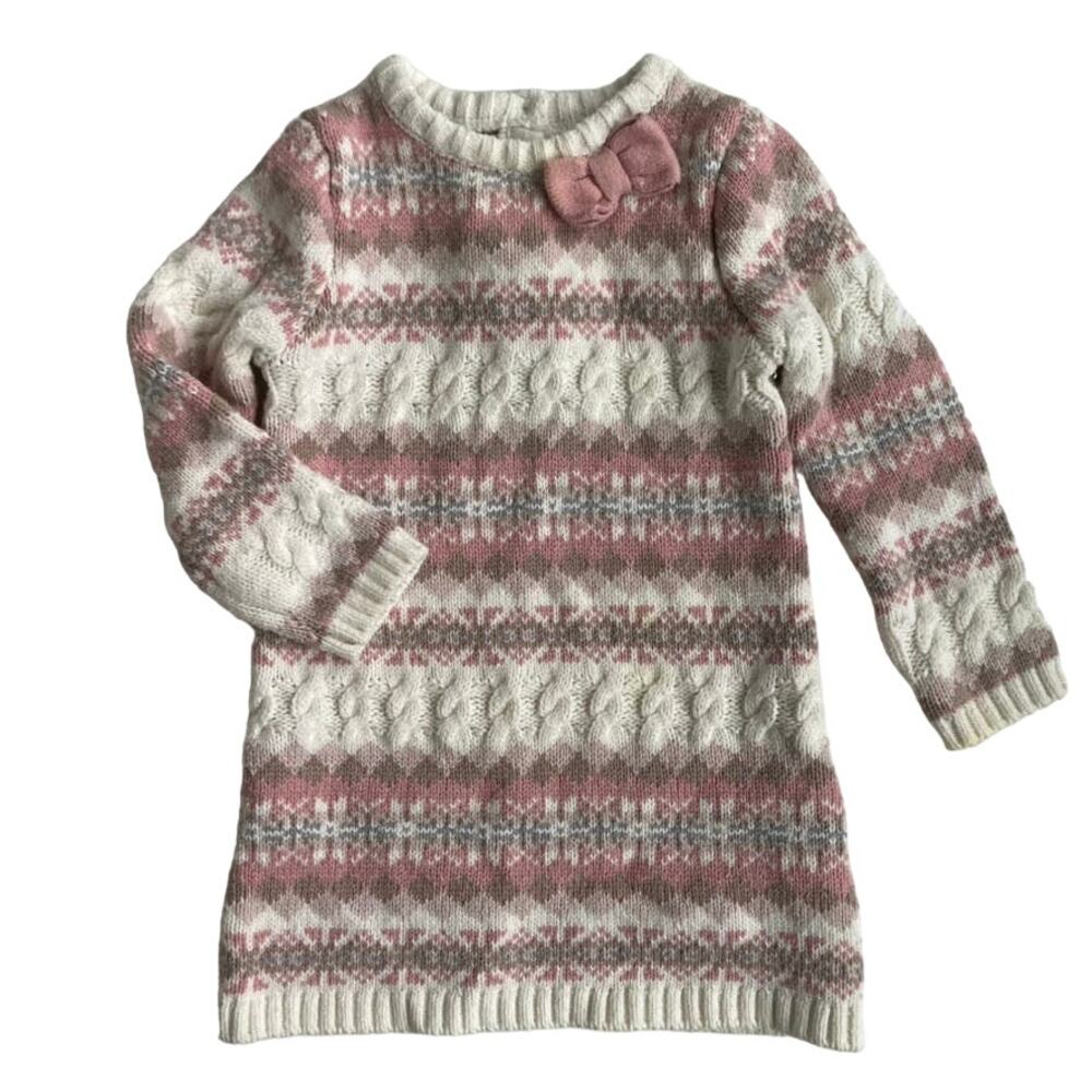 Rachel Zoe Cable Knit Fair Isle Sweater Dress Bow - Pink Cream - 18M